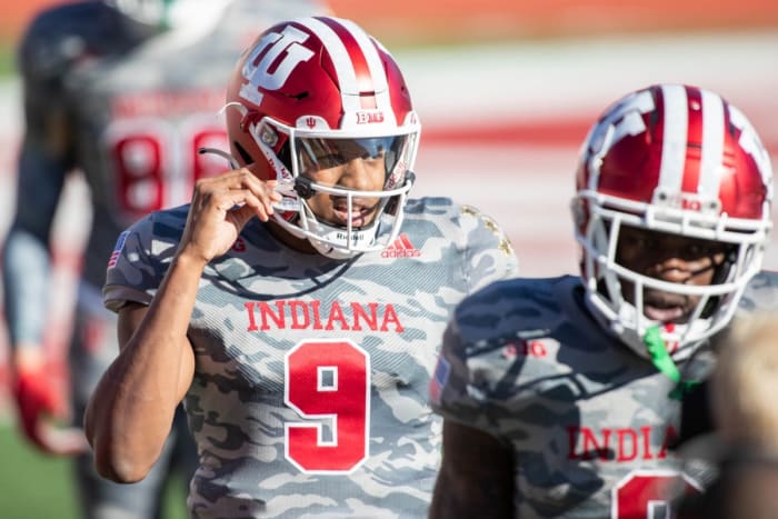 Nov 28, 2020; Bloomington, Indiana, USA; Indiana Hoosiers quarterback Michael Penix Jr. (9) in the first half against the Maryland Terrapins at Memorial Stadium.